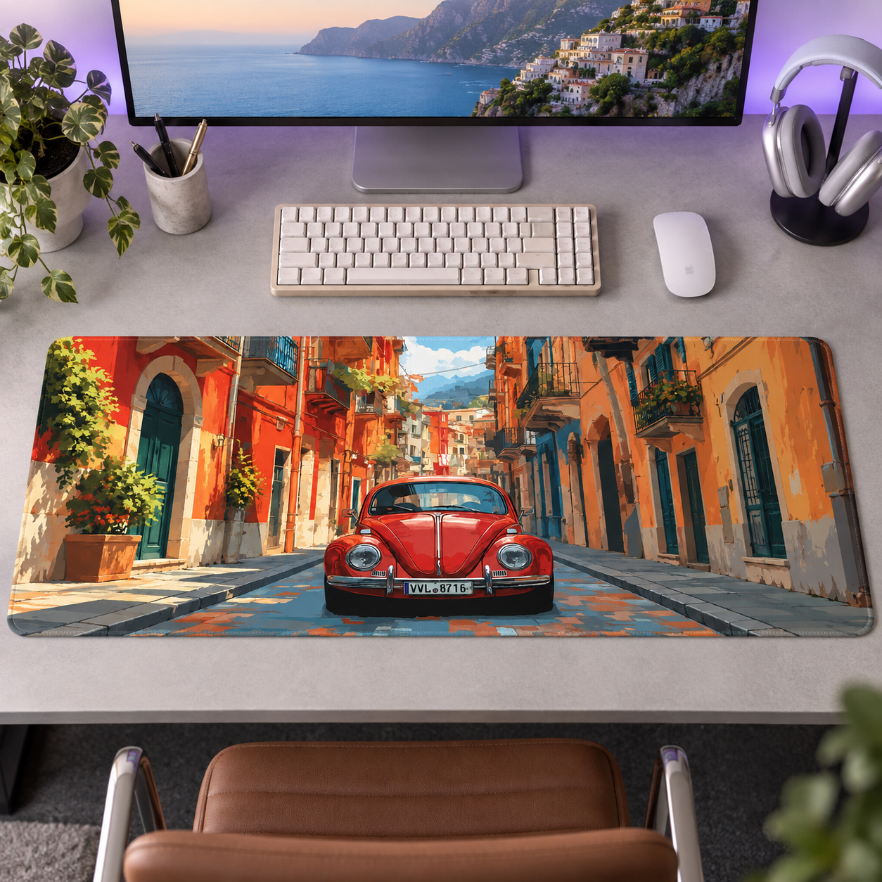 Kırmızı Nostaljik Otomobil Renkli Sokak Mouse Pad - Y1894