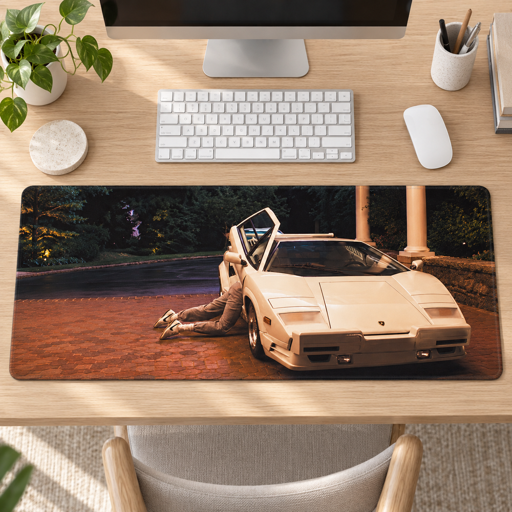 Beyaz Klasik Süper Otomobil Retro Sahne Mouse Pad - Y1895