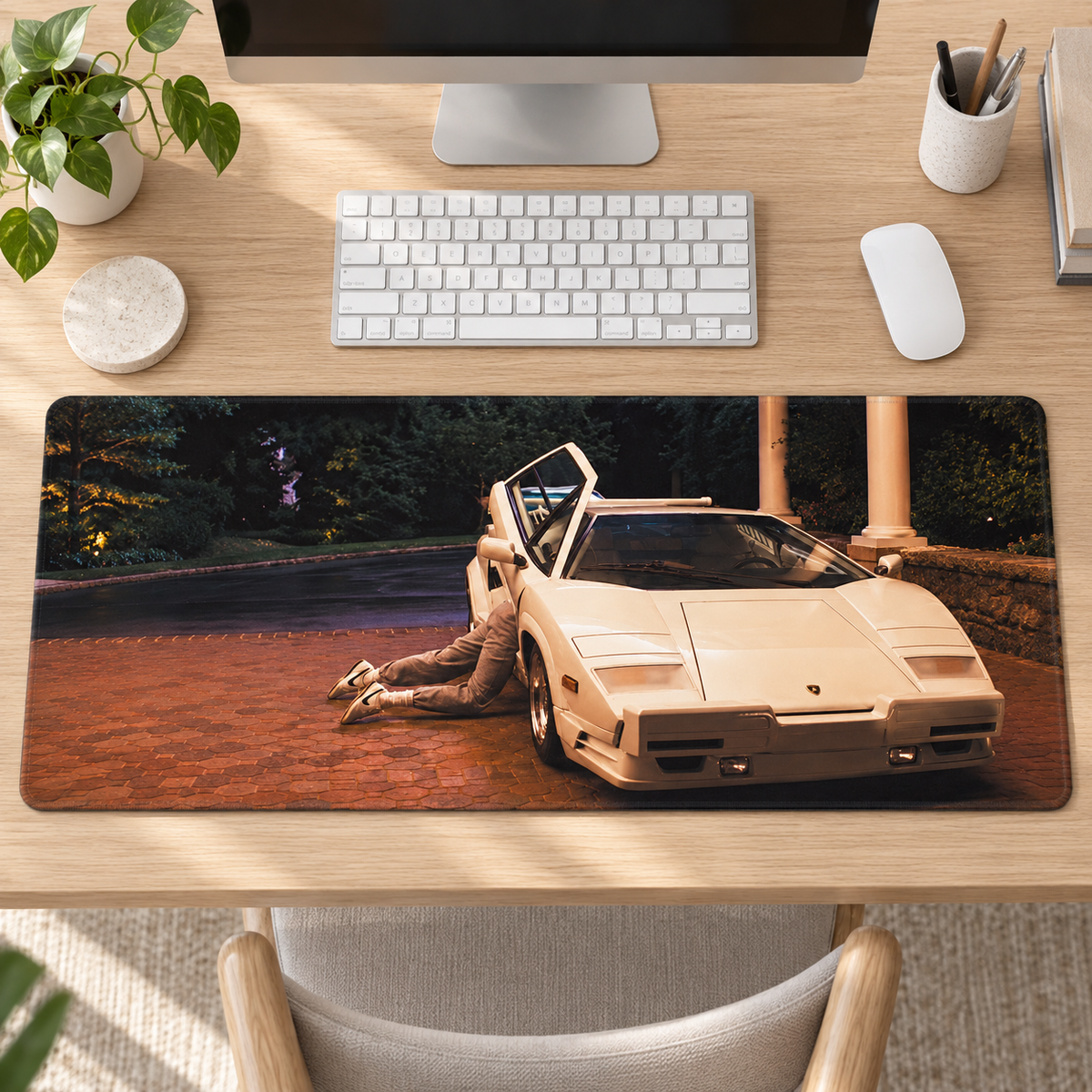 Beyaz Klasik Süper Otomobil Retro Sahne Mouse Pad - Y1895