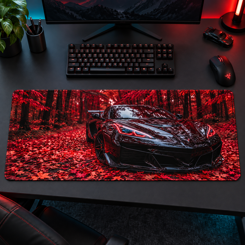 Kızıl Sonbahar Ormanında Siyah Süper Otomobil Mouse Pad - Y1911
