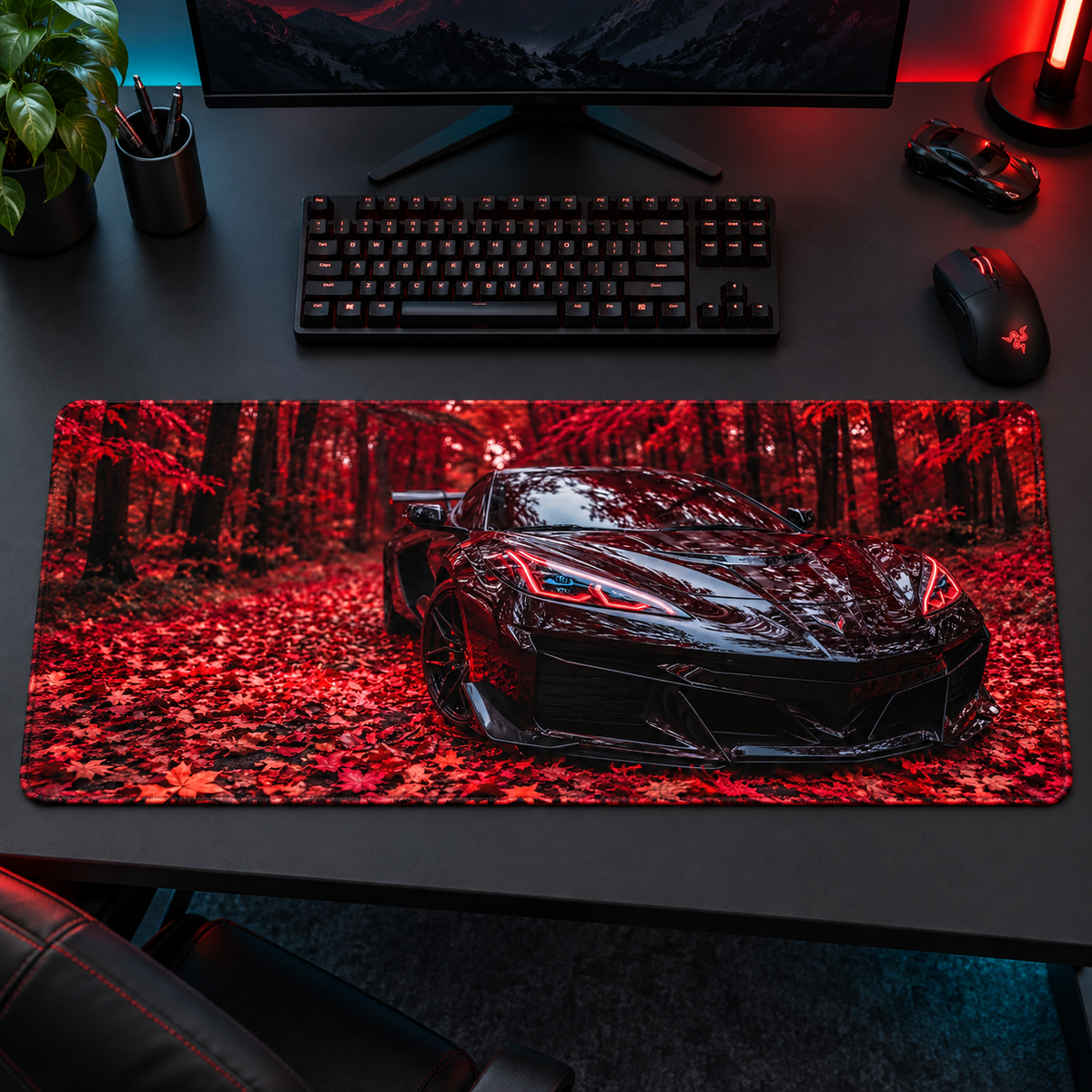 Kızıl Sonbahar Ormanında Siyah Süper Otomobil Mouse Pad - Y1911
