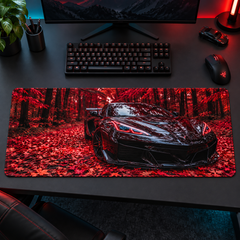 Kızıl Sonbahar Ormanında Siyah Süper Otomobil Mouse Pad - Y1911