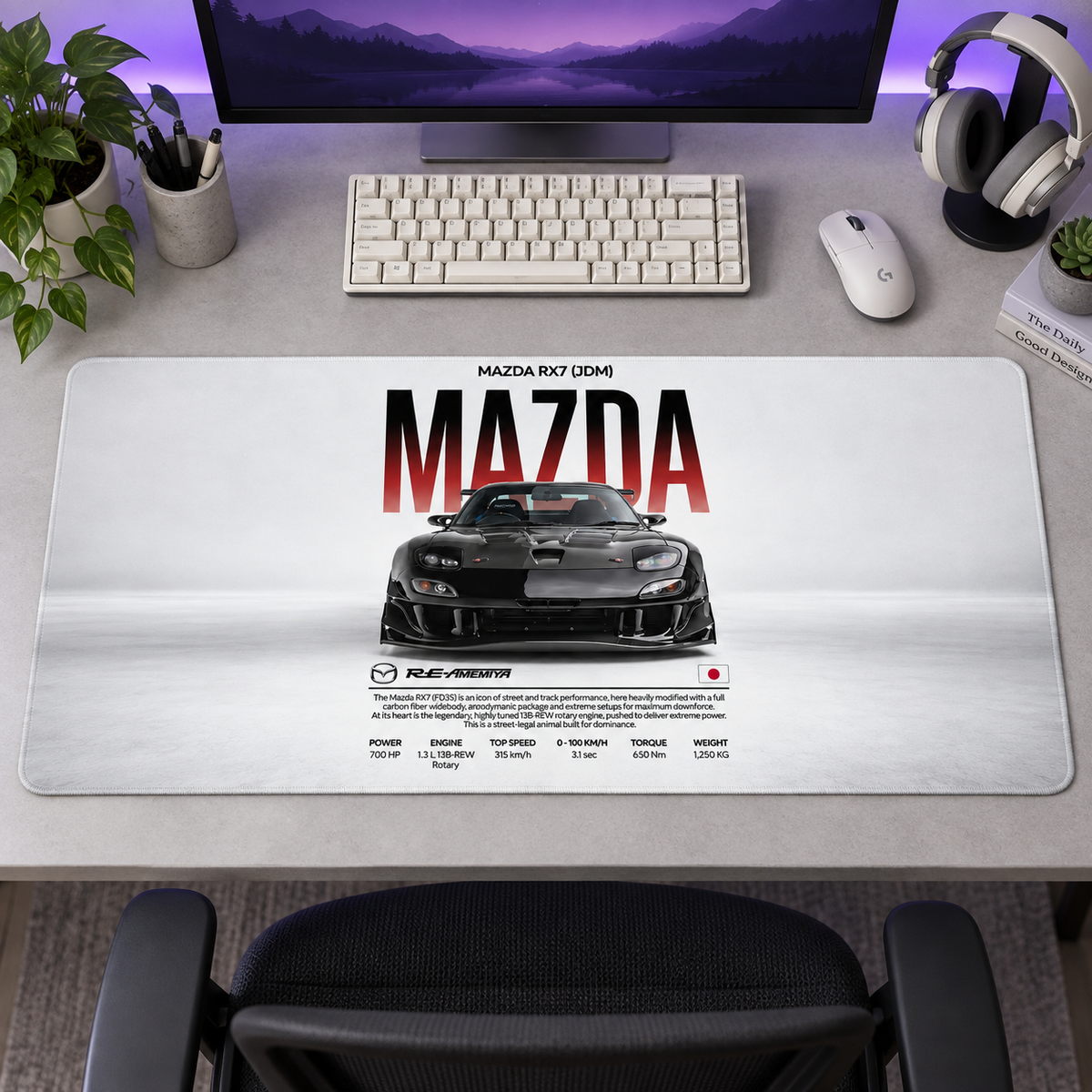 Mazda RX-7 Siyah Beyaz Teknik Tasarım Mouse Pad - Y1929