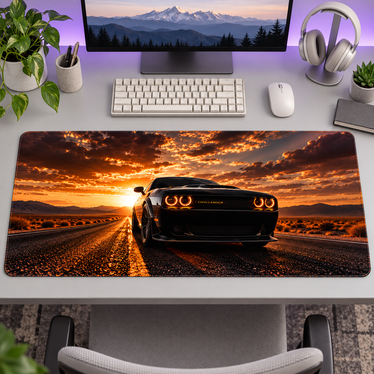 Gün Batımı Yolunda Siyah Challenger Mouse Pad - Y1934